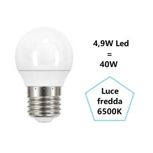 LAMPADINA SFERETTA A LED 4,9W LUCE FREDDA 6500K 470 LUMEN E27 BOT LIGHTING