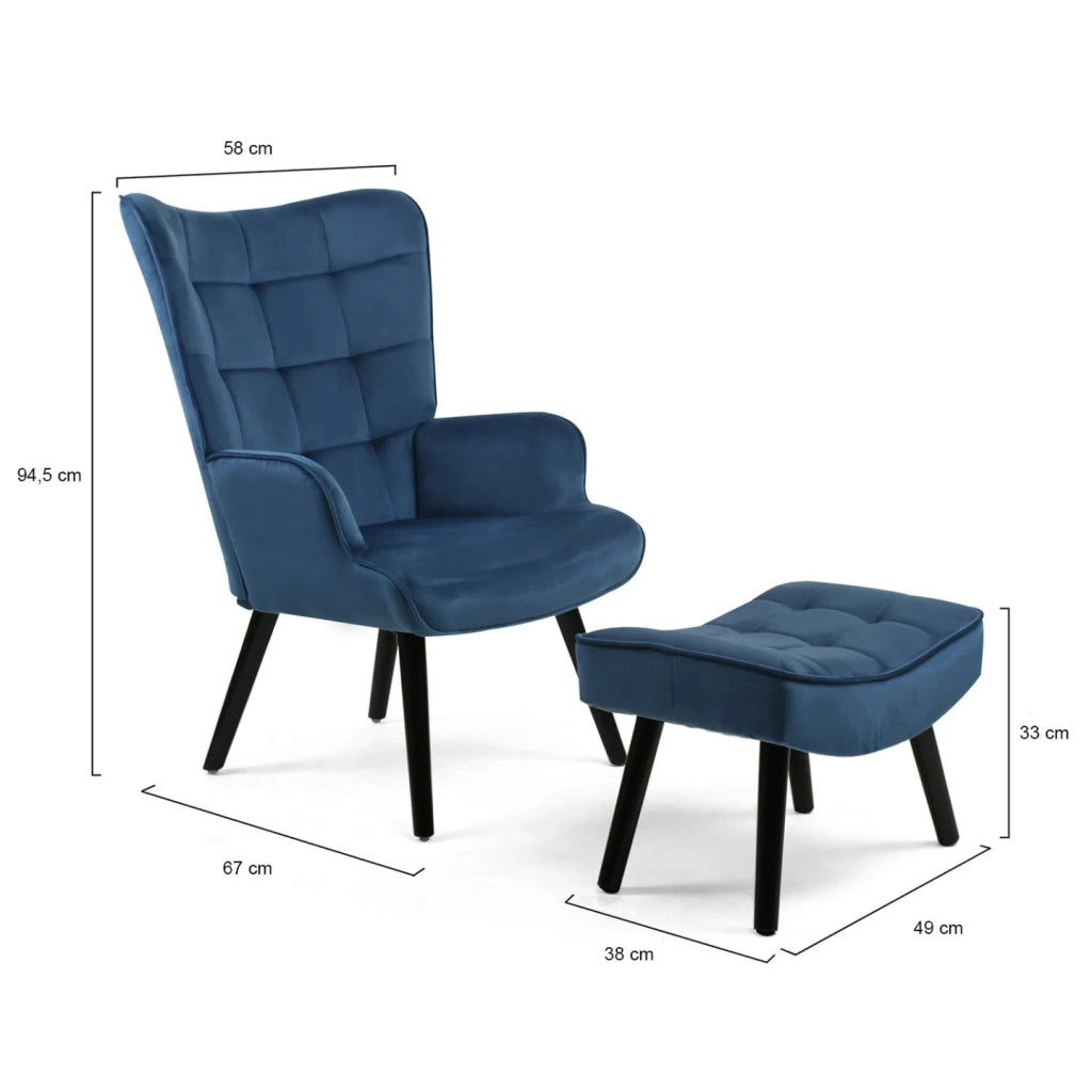 IDMarket - ANIA Poltrona scandinava con poggiapiedi in velluto blu