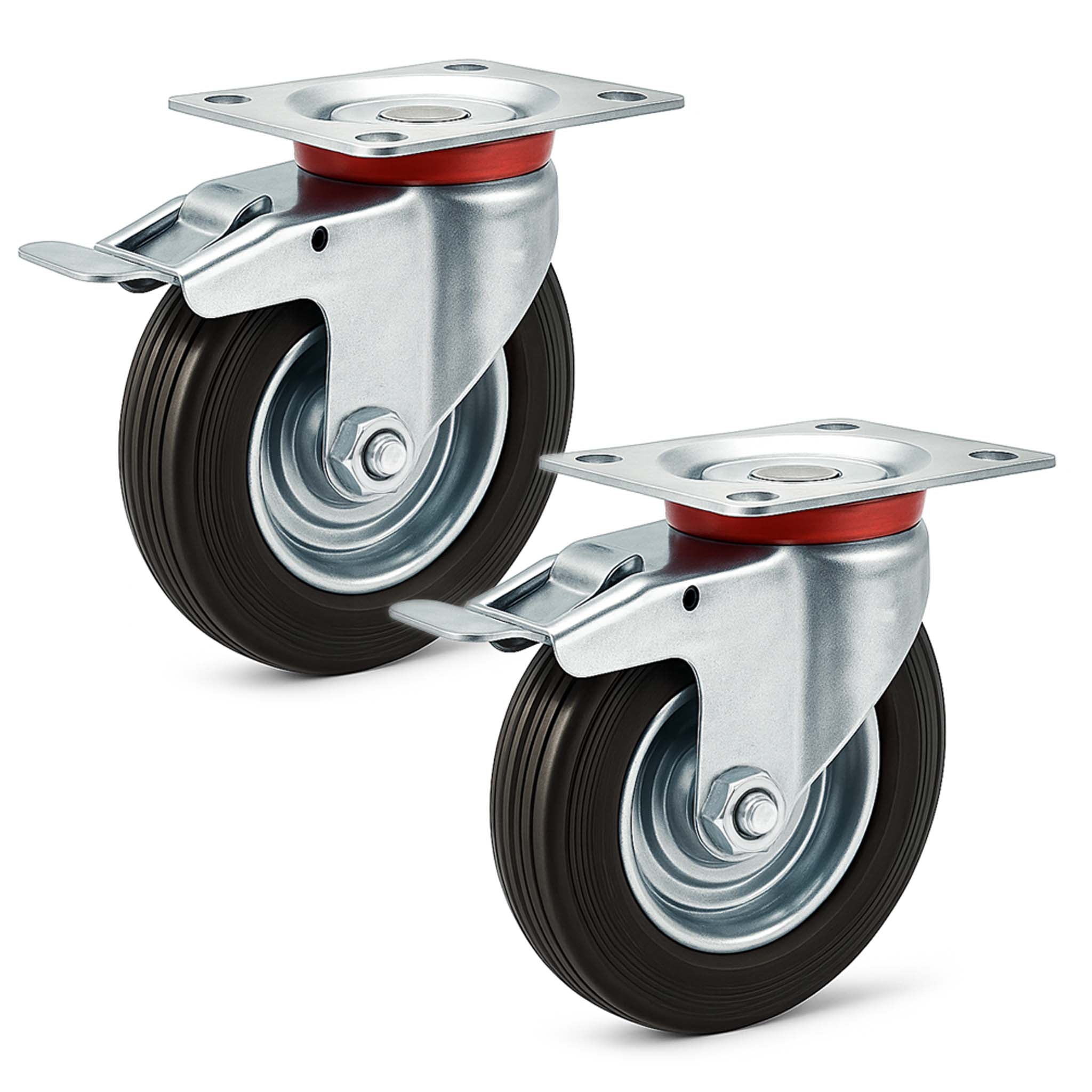 Set 2 ruote piroettanti, freno doppio blocco, Rotella 160mm max 130kg, metallo e gomma piena