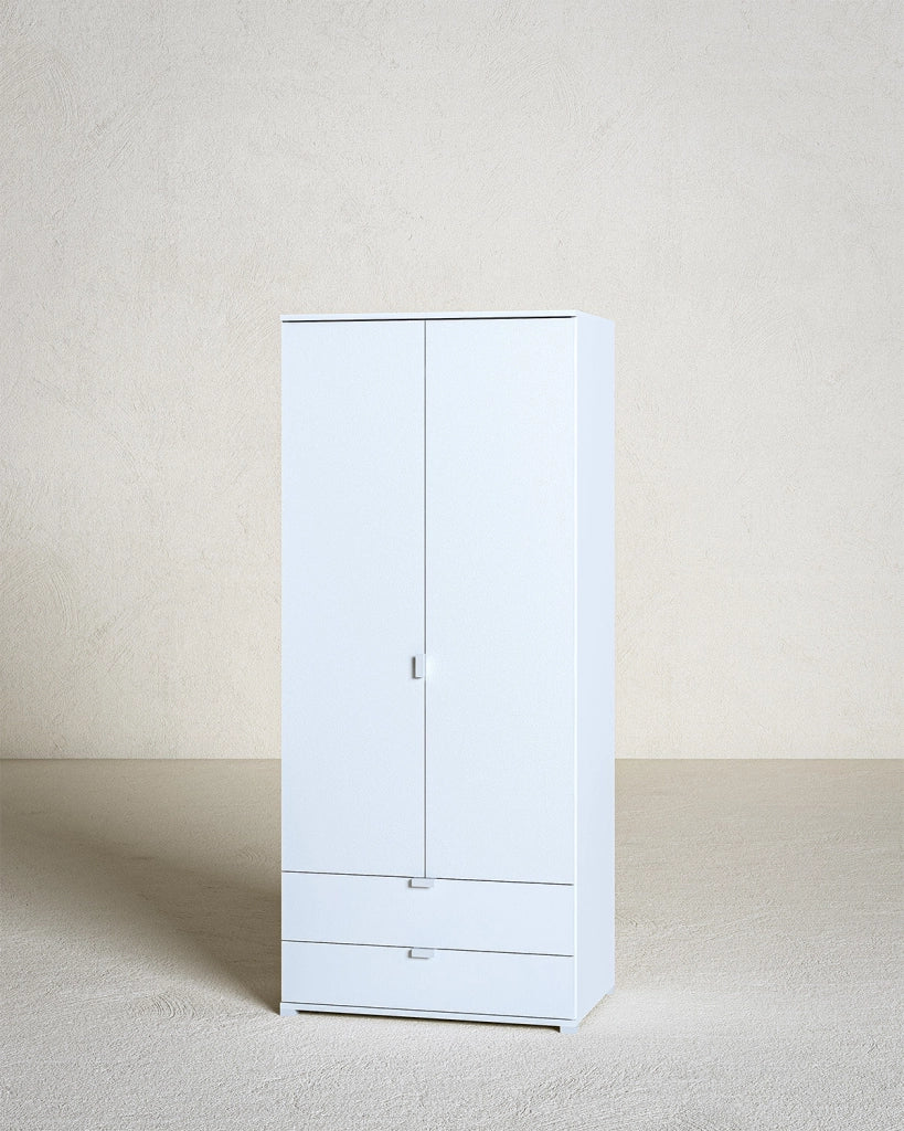 Armadio Zamia - Guardaroba moderno - 2 ante e 2 cassetti - Struttura bianca - 1 ripiano incluso - 80 x 52 x 177 cm_