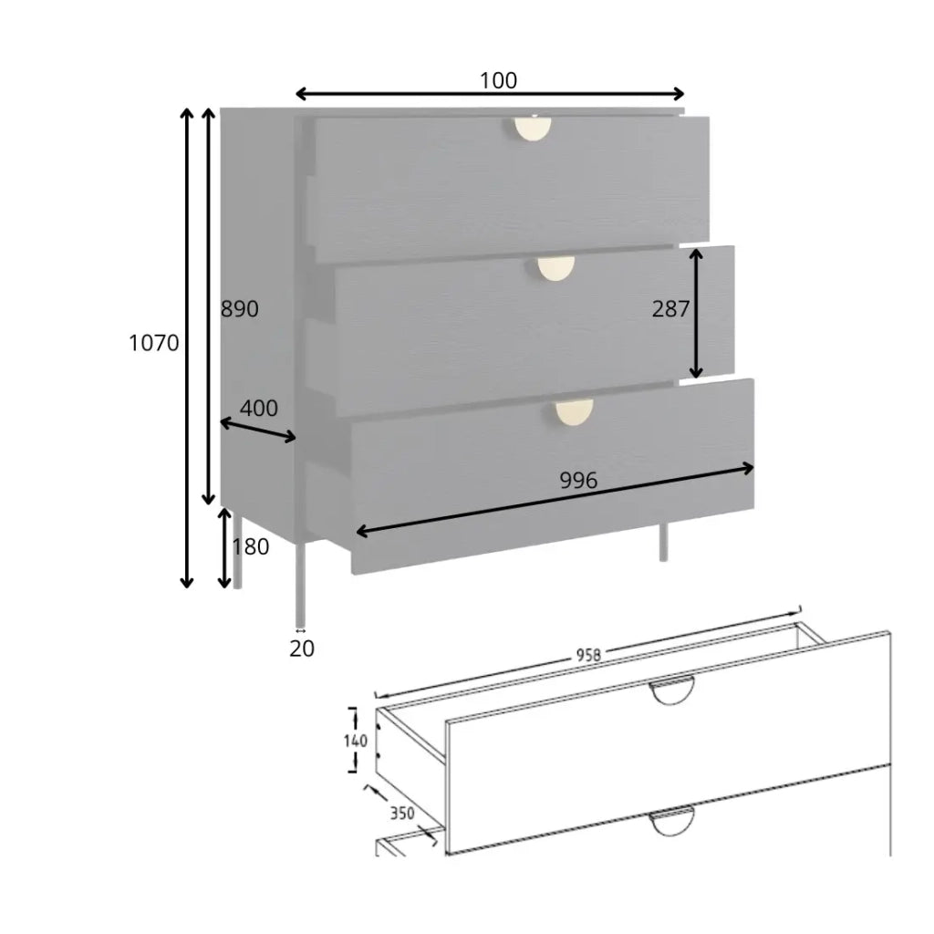 Comò MONDO – Nero strutturato e dorato – 3 cassetti – Piedi in metallo – Design moderno e funzionale