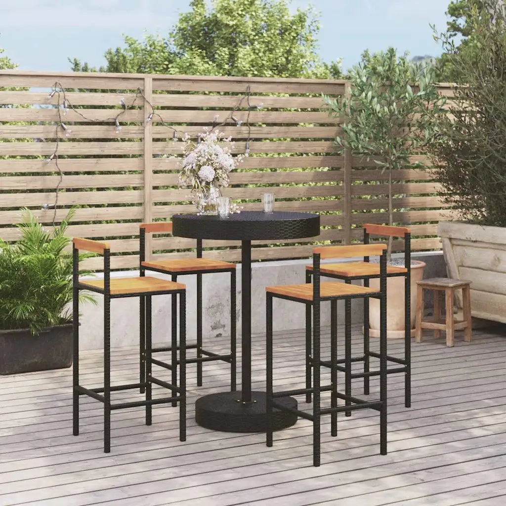 Set Bar Giardino 5 pz | Set Salotto da Giardino Nero Polyrattan e Legno Massello Acacia