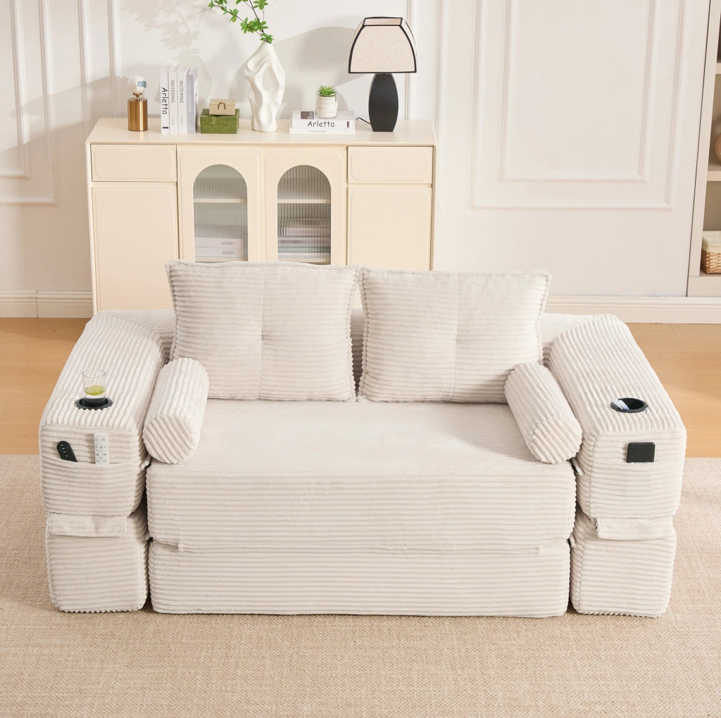 Divano letto modulare in velluto a coste beige con portaoggetti