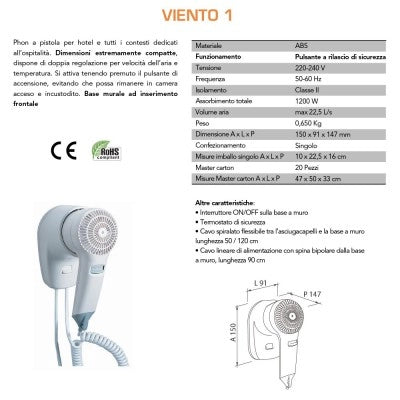 Asciugacapelli phon a pistola 1200W bianco