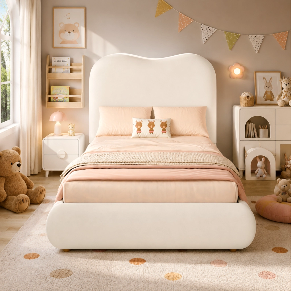 Letto imbottito per bambini 90x200 cm con contenitore e rete a doghe; velluto beige