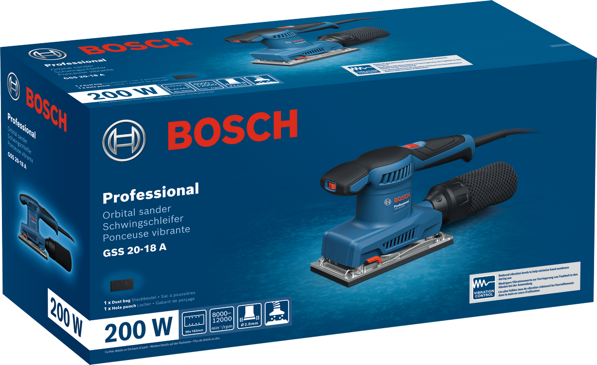 Bosch GSS 20‑18 A Professional – Levigatrice Orbitale 200W, 90×183 mm