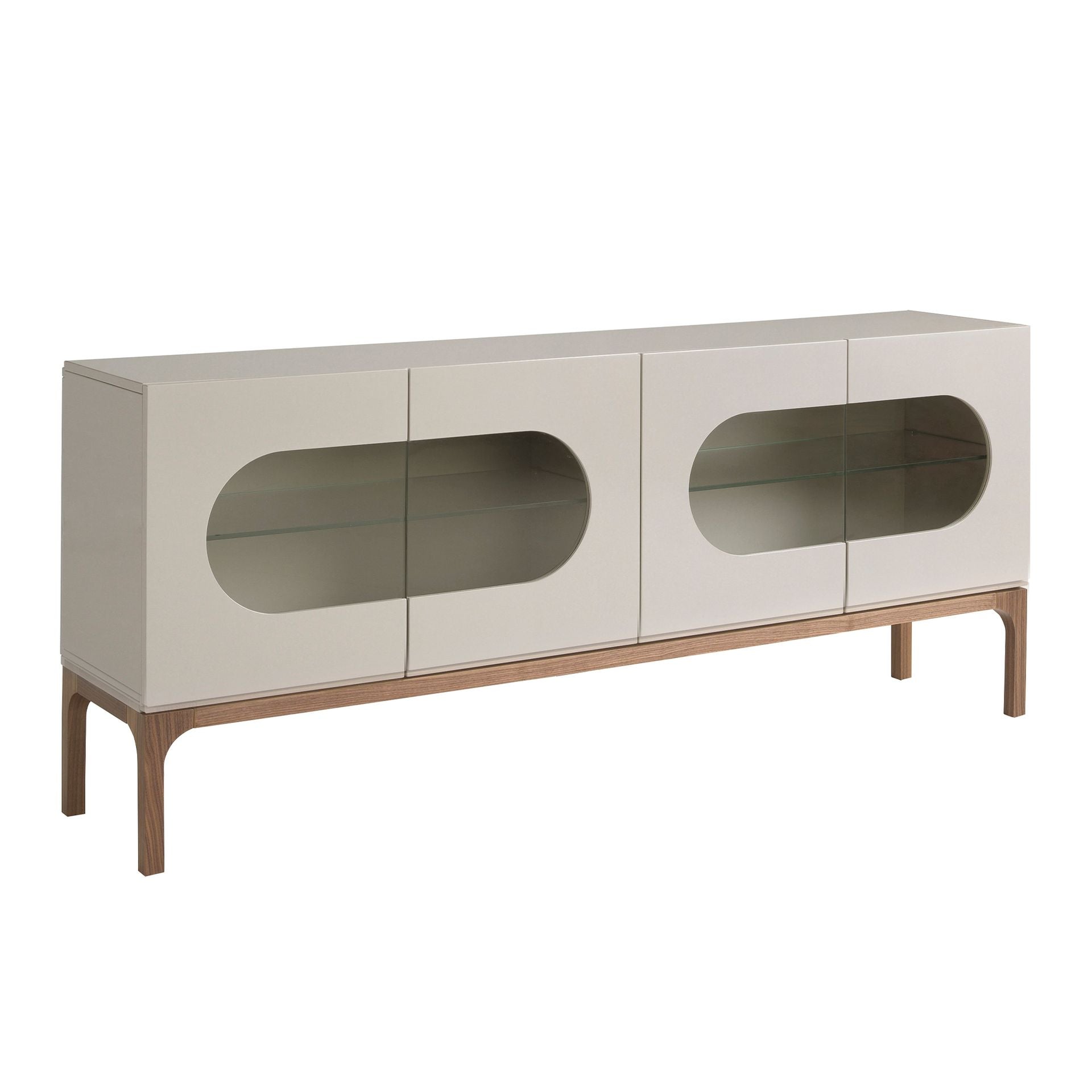 Credenza in legno grigio e noce con illuminazione interna