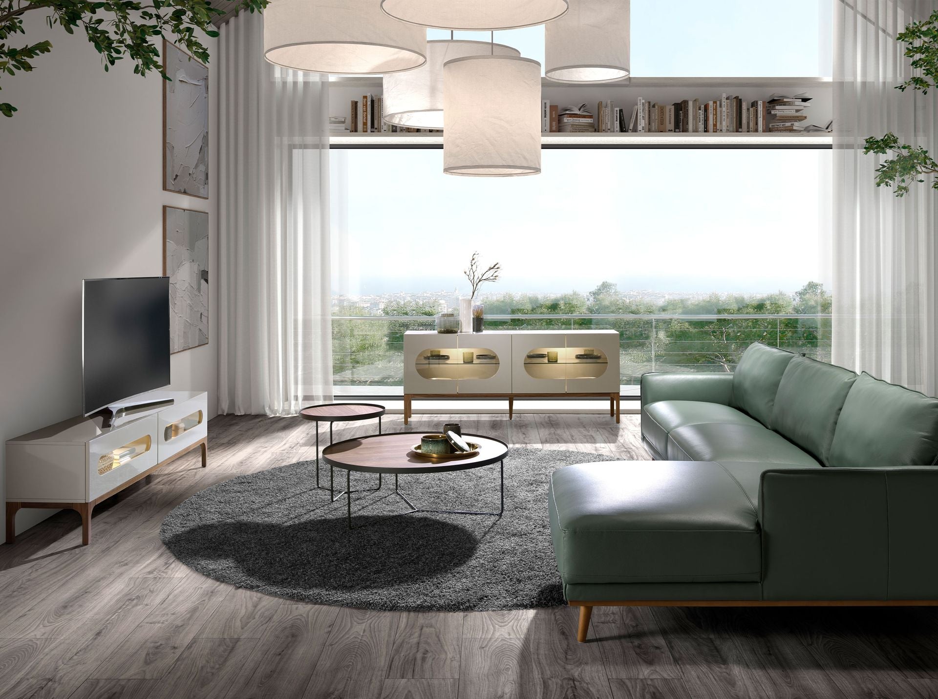 Credenza in legno grigio e noce con illuminazione interna