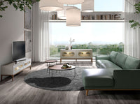 Credenza in legno grigio e noce con illuminazione interna