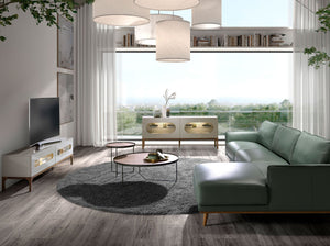 Credenza in legno grigio e noce con illuminazione interna