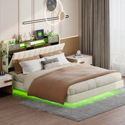 Letto matrimoniale imbottito 160x200 cm con USB; luci LED; testiera con vano contenitore; beige