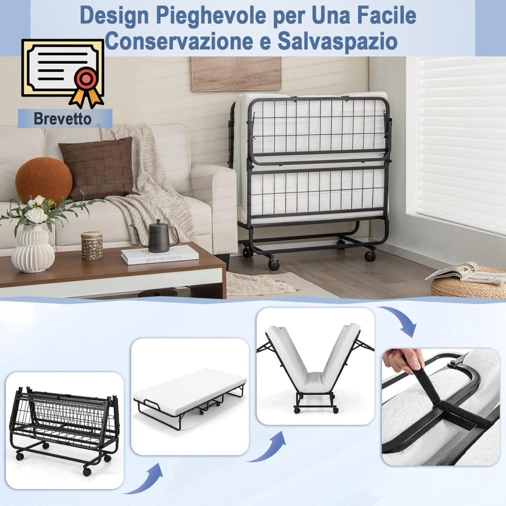 Brandina Pieghevole con Materasso Memory Foam, Letto Pieghevole con Struttura Robusta in Metallo e 4 Ruote, Letto Singolo Portatile per Casa Ufficio, Capacità di Carico 180 kg