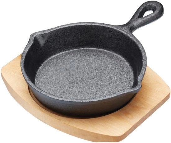 Mini padella in ghisa con tavola di servizio in legno - padella a griglia per fajita e tapas - 1 pezzo - nero - ghisa - 15 x 3 x 20 cm