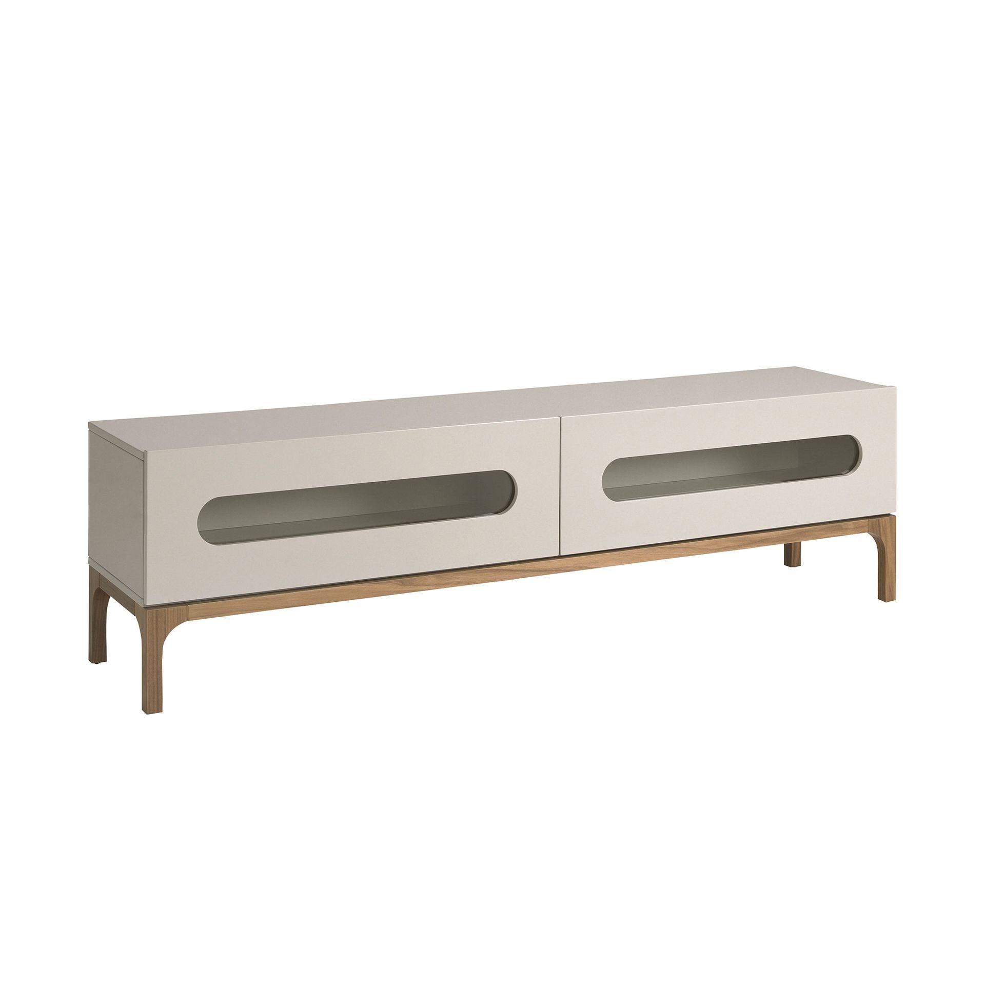 Porta TV in legno grigio e noce con illuminazione interna