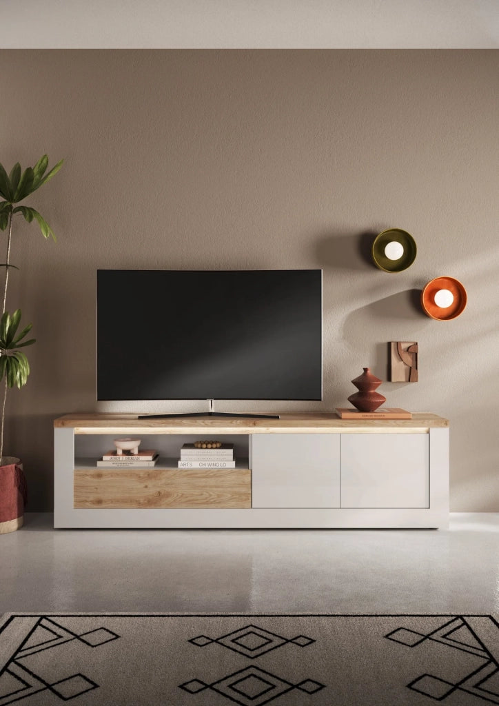 Mobile Porta TV ISCHIA 2 ante 1 cassetto 1 vano a giorno, impianto Led a sfioro, L210 x H58 x P43, legno 100% MADE IN ITALY, design moderno per cucina, sala da pranzo, soggiorno