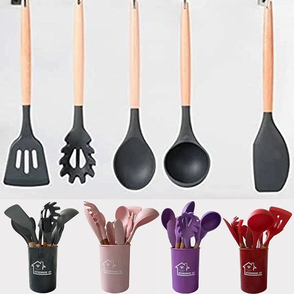 Trade Shop - Set 12 Utensili Da Cucina In Silicone Con Manico Legno Antiaderenti Resistenti -