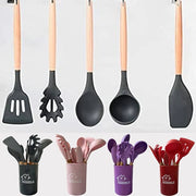 Trade Shop - Set 12 Utensili Da Cucina In Silicone Con Manico Legno Antiaderenti Resistenti -