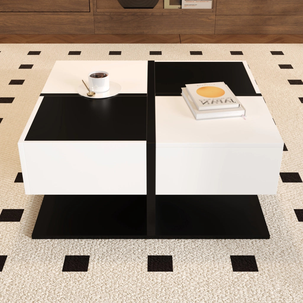 Tavolino da salotto quadrato con 2 Cassetti; vano contenitore nascosto; per soggiorno; in pannello truciolare; 70 × 70 × 35.5 cm; nero e bianco