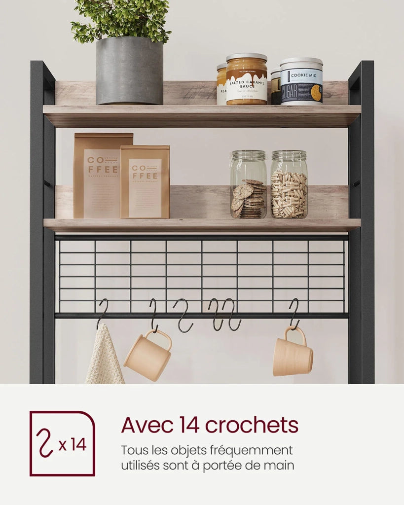 Mensola da cucina con multipresa supporto per microonde ripiano portaoggetti con pannello in rete metallica 14 ganci 40 x 80 x 170 cm marrone 12_0005672