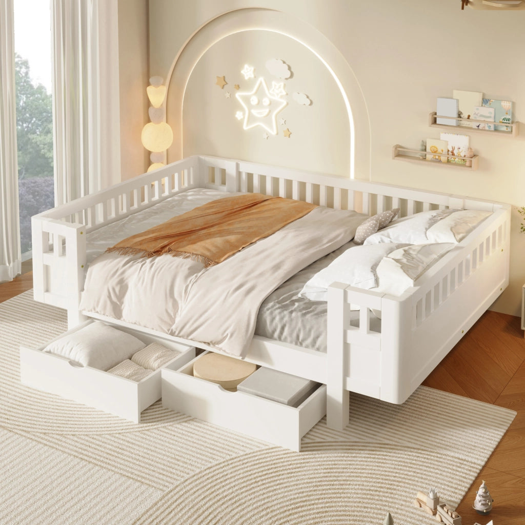 Letto per bambini con barriera alta e 2 cassetti, bianco