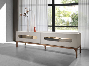 Porta TV in legno grigio e noce con illuminazione interna