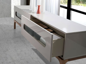 Porta TV in legno grigio e noce con illuminazione interna