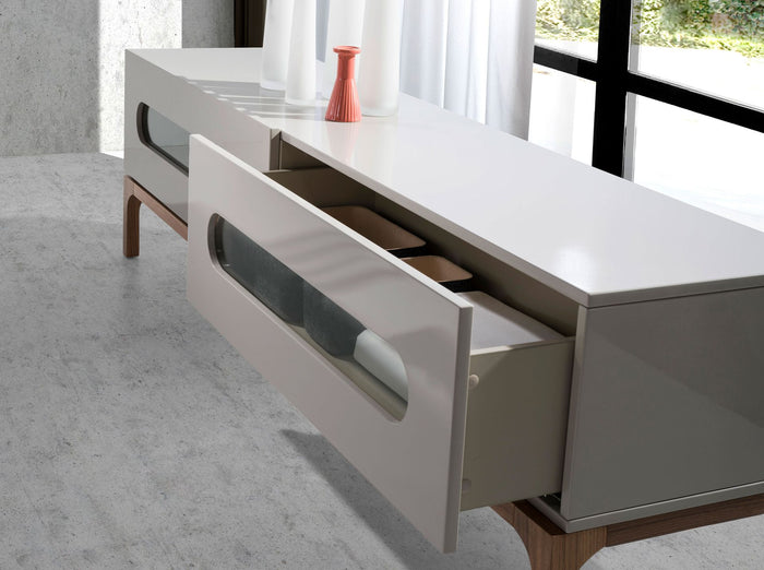 Porta TV in legno grigio e noce con illuminazione interna