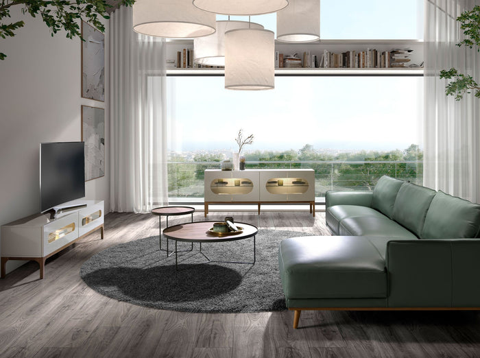 Porta TV in legno grigio e noce con illuminazione interna