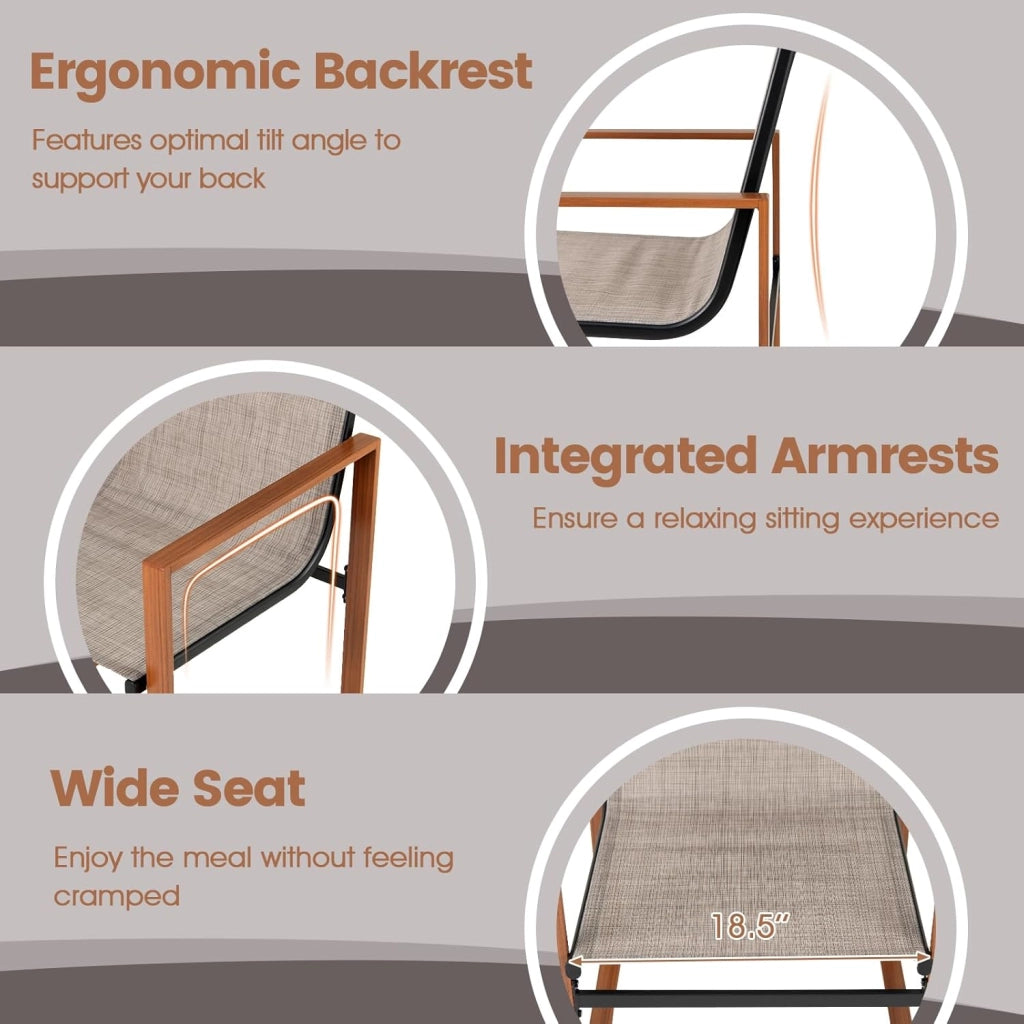 Set di 2 Sedie da Giardino Ergonomico in Tessuto e Metallo, Sedie da Pranzo da Esterno con Schienale Inclinato e Braccioli, Sedia da Patio, Terrazza, Balcone, Portata 150kg (Marrone)