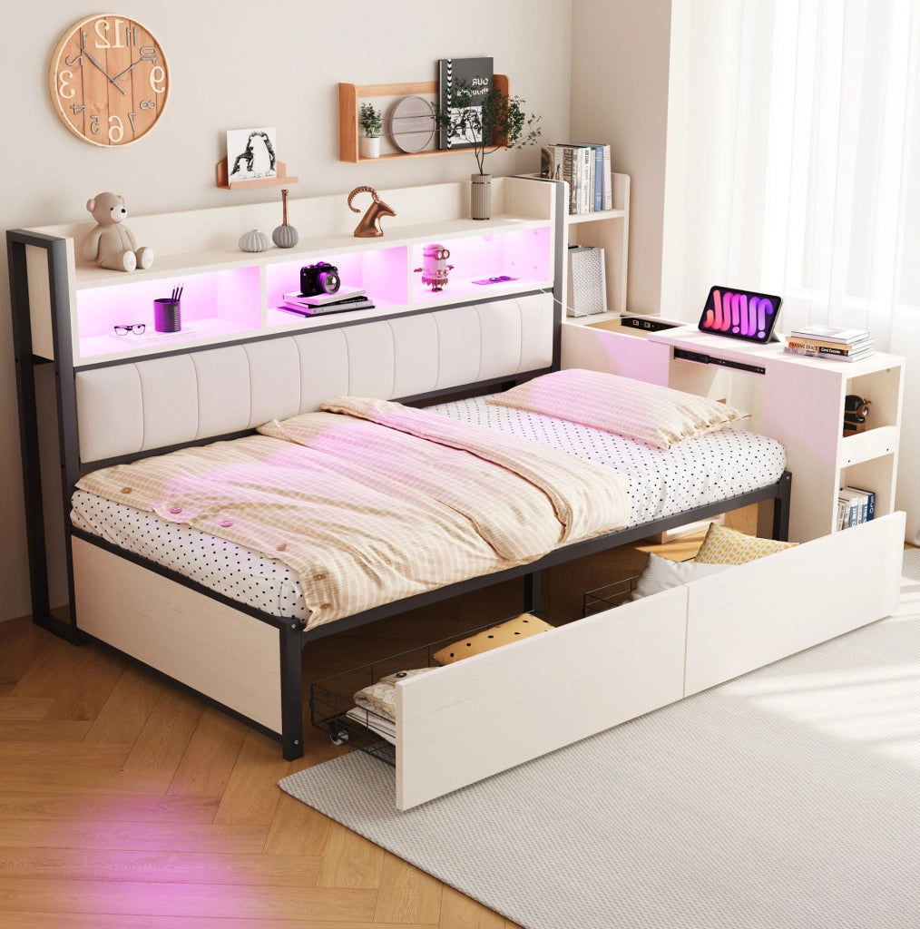 Letto 90x200 cm con scrivania estraibile e vani contenitore in metallo e legno
