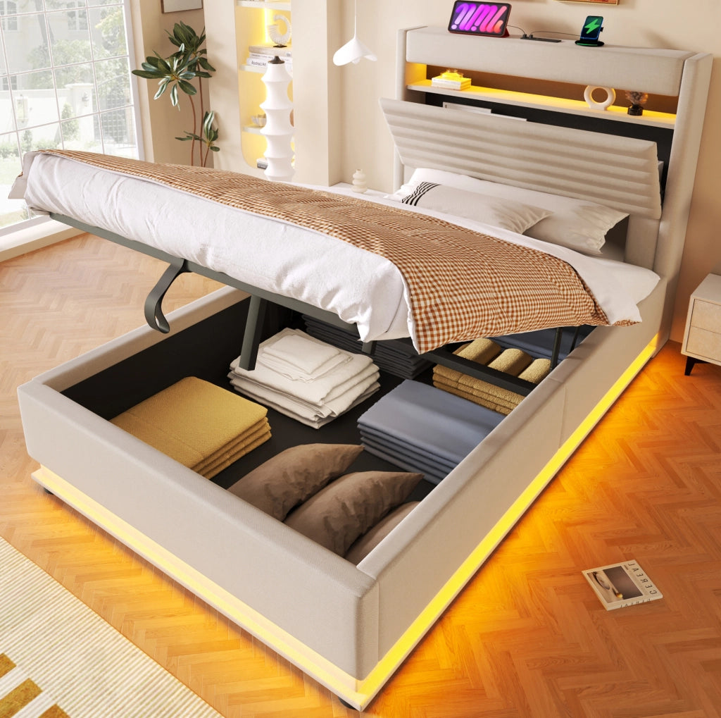 LETTO Contenitore 90x200 cm in lino beige con LED e USB Type-C