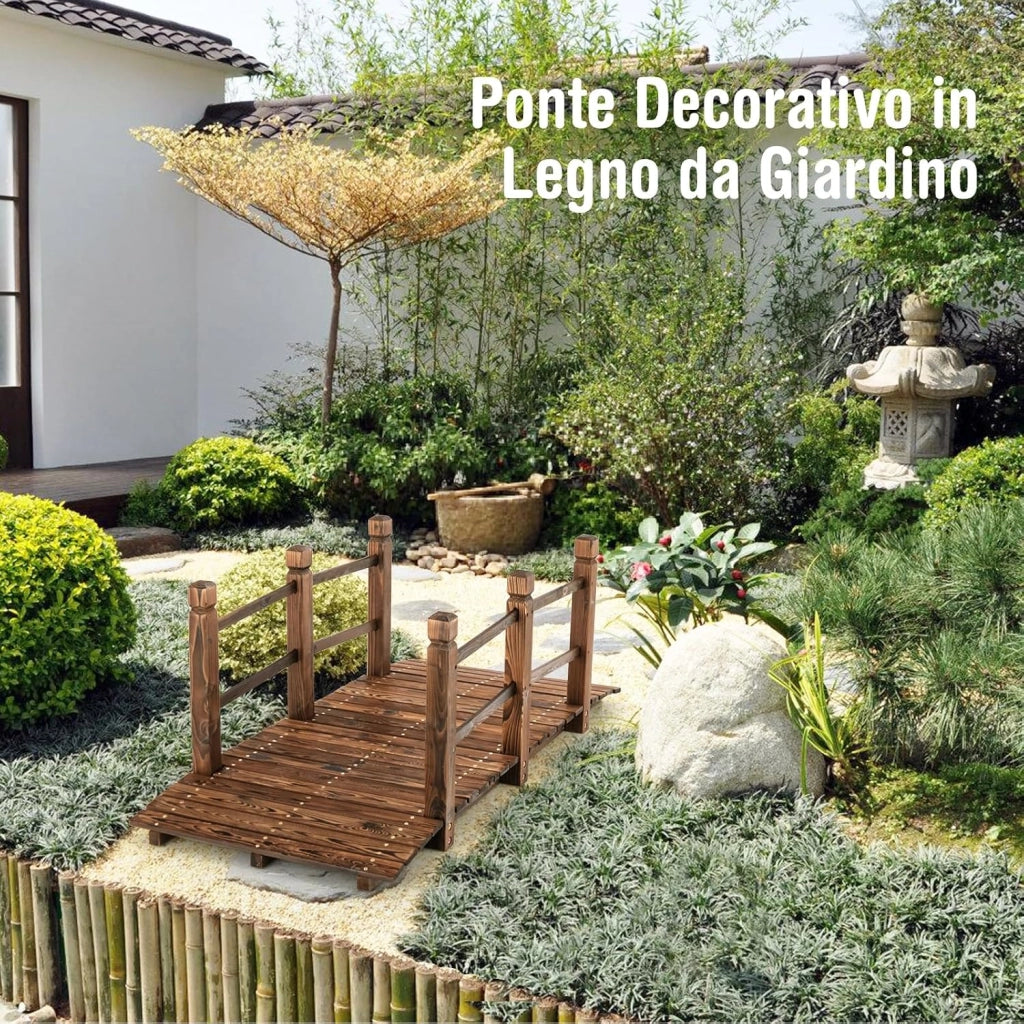 Ponte da Giardino in Legno, Ponte Decorativo ad Arco con Doppie Sbarre di Sicurezza, Struttura in Abete per Percorso Esterno per Cortile, Strada di Ghiaia, Ruscello, Fattoria (Legno)