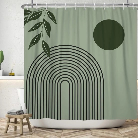 Douchegordijn moderno, 180 x 200 cm, abstracto, arte, verde, foglie, sole, linea, salmone verde, bagno, lavabile, tessuto in poliestere, impermeabile all'acqua, tenda da bagno per vasca da bagno, con 12 ganci.