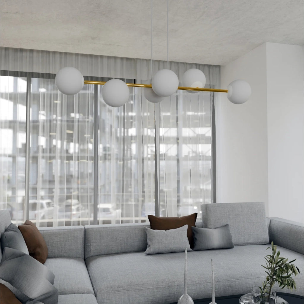 Sospensione Contemporanea Rhiannon 6 Luci In Acciaio Bianco E Oro E Vetro Bianco