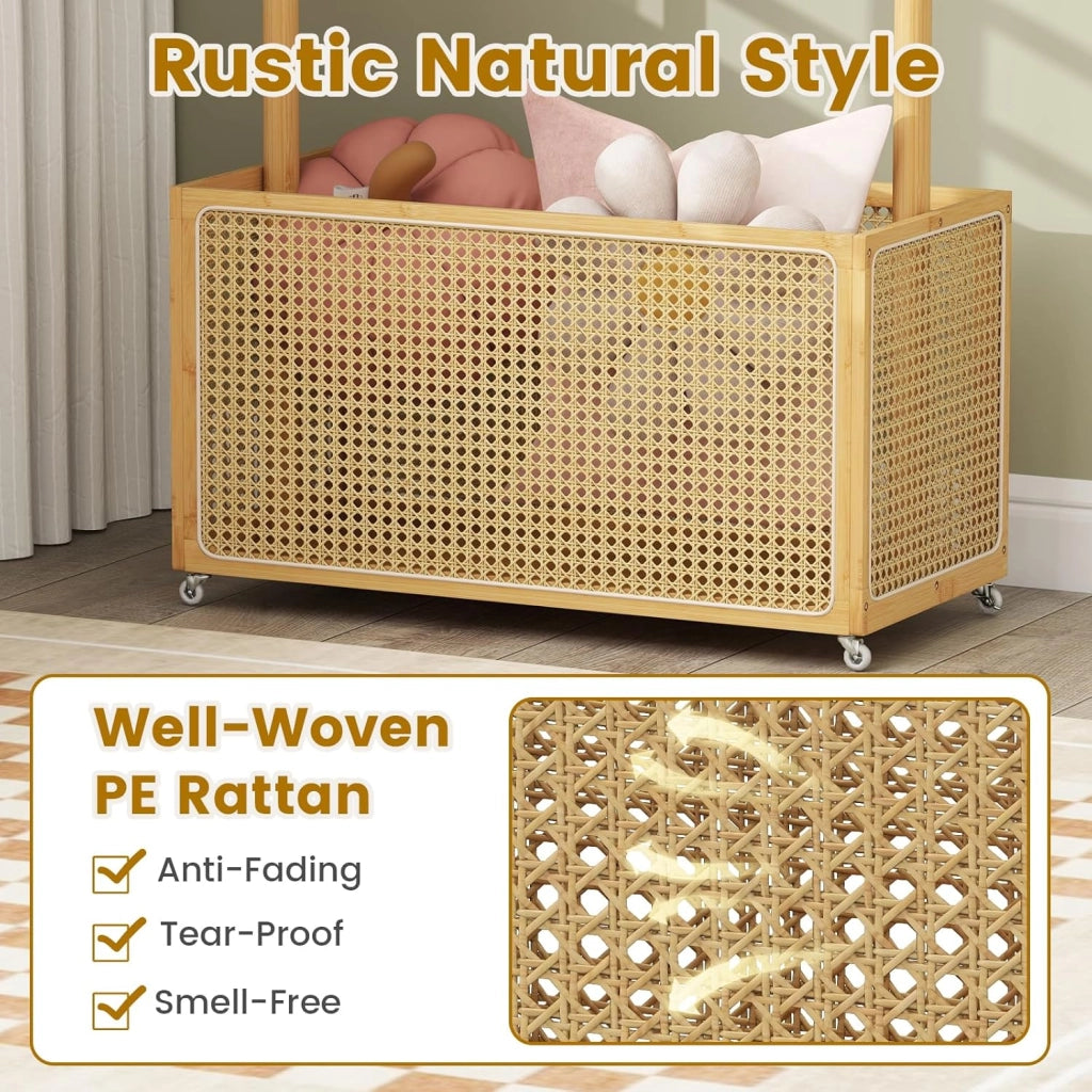 Asino - Appendiabiti con ruote, in bambù, con cestino portaoggetti in rattan e barra da appendere, stile rustico, 100 x 32,5 x 172 cm, organizer per vestiti, per ingresso, camera da letto