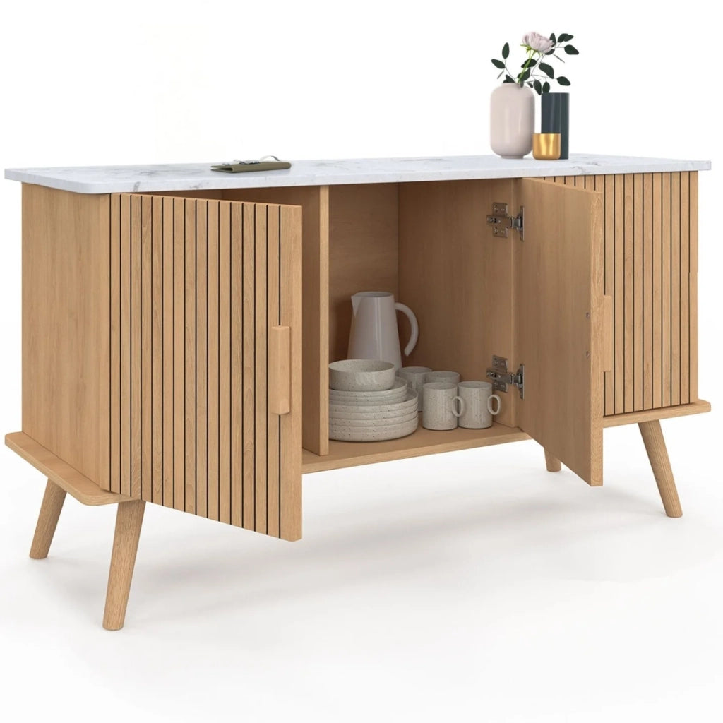 IDMarket - Credenza JULIETTE 110 cm, piano effetto marmo, 3 ante a doghe, doghe in legno color rovere