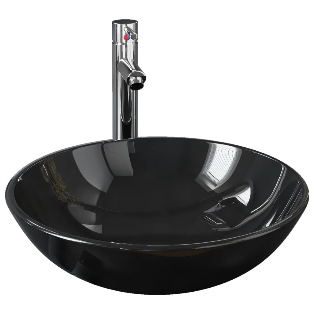 Lavandino Bagno con Rubinetto e Piletta in Vetro Temperato Nero cod mxl 38749