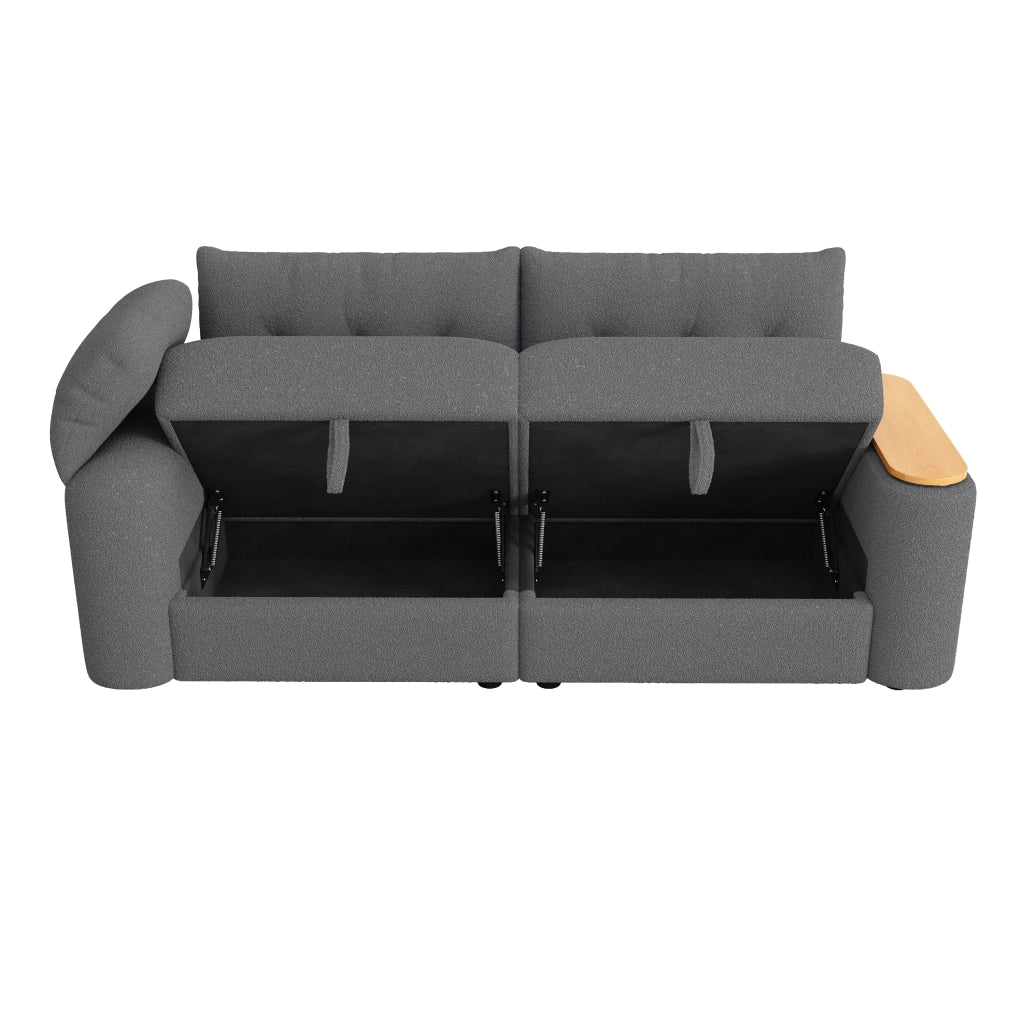 Divano modulare compatto con contenitore poggiatesta e tavolino girevole in teddy grigio 207,5 × 80 × 87 cm