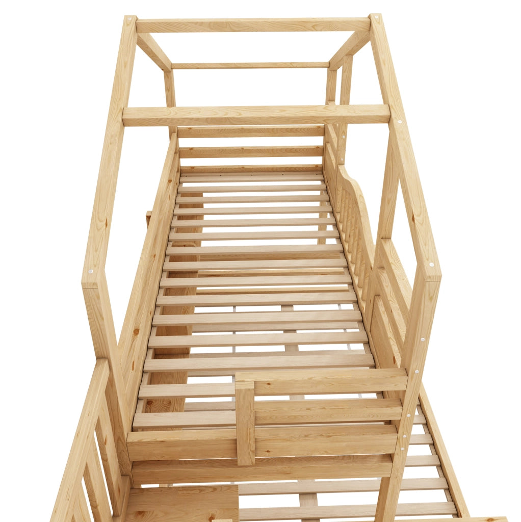 Letto a castello a casetta 90x200 e 140x200 cm con scala contenitore e ripiani