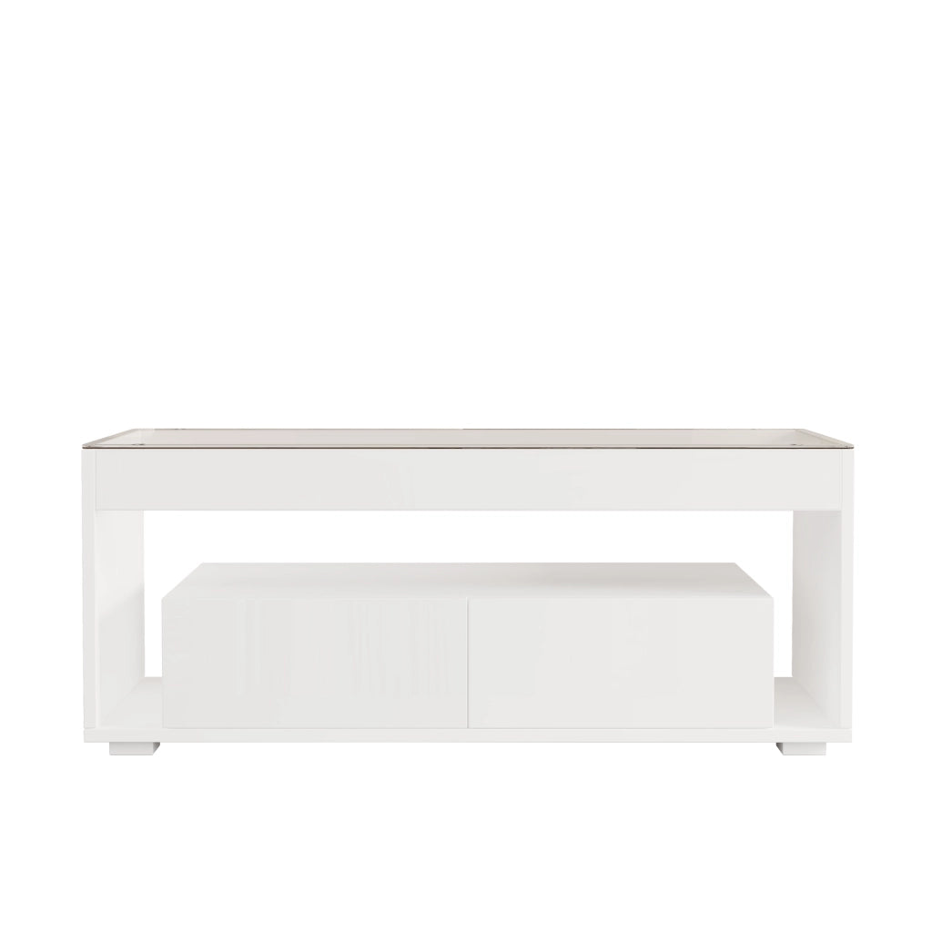 Tavolino basso moderno con LED, 2 cassetti e piano in vetro temperato, finitura bianca lucida, 100 × 50 × 40 cm