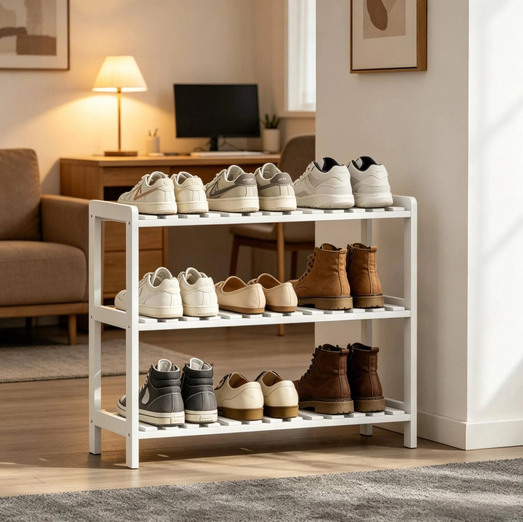 Scarpiera 70x26x57，5 cm in pino e MDF bianco， 3 ripiani per ingresso
