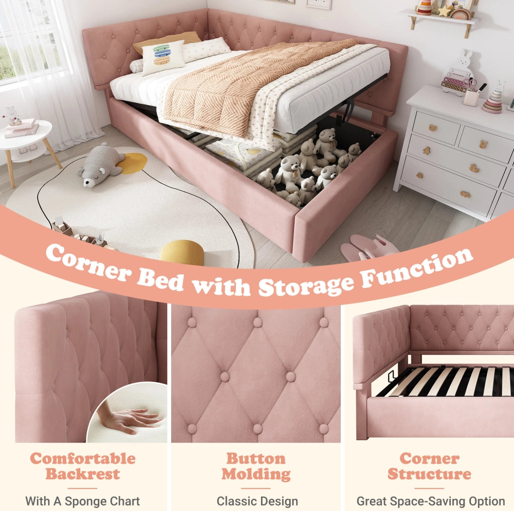 Letto divano 90x190 cm con contenitore idraulico; rivestimento in velluto rosa