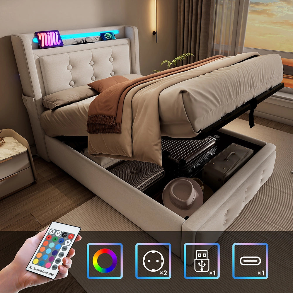 Letto a cassone per adulti 90x200 cm - Xylo - Testiera LED USB C, rete a doghe, Beige