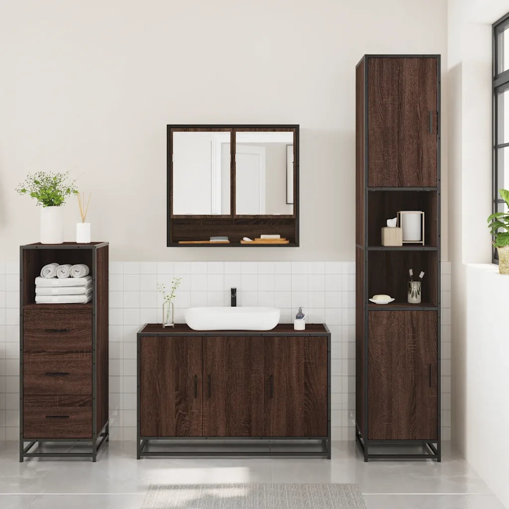 Set Mobili da Bagno 3 pz Rovere Marrone in Legno Multistrato