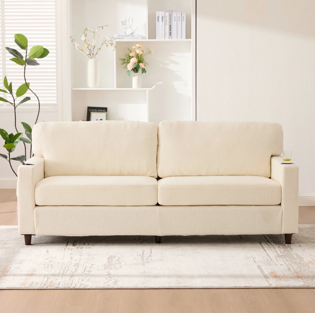 Divano a due posti beige in chenille con USB-C, LED e portabevande
