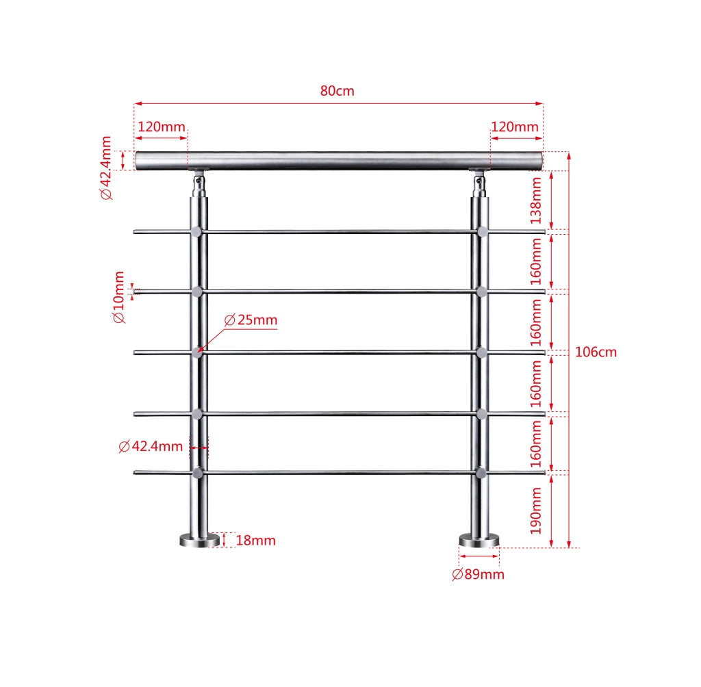 Balaustra Corrimano Ringhiera in acciaio inox spazzolato 80x106cm per interni ed esterni 5 barre trasversali