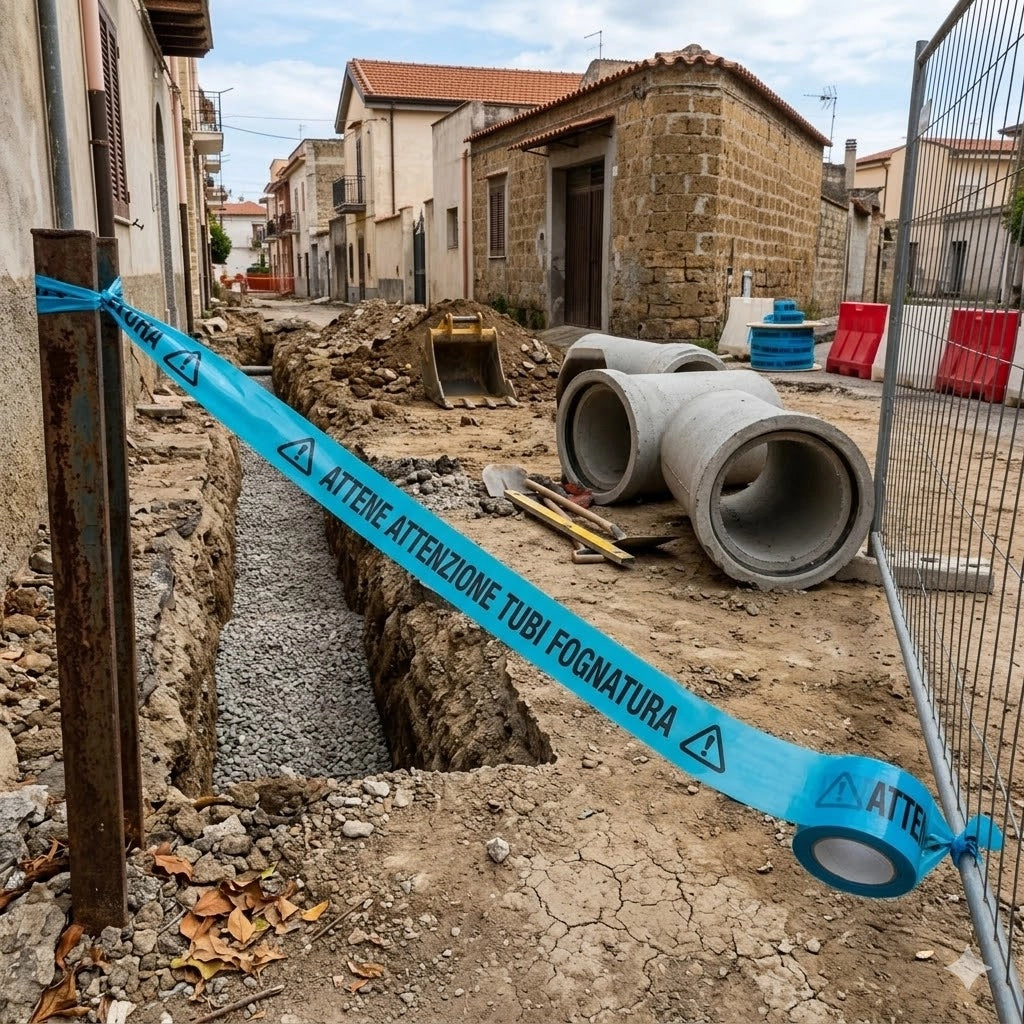 NASTRO SEGNALETICO ATTENZIONE TUBAZIONI FOGNA cm. 10x200 mtl. col. Blu