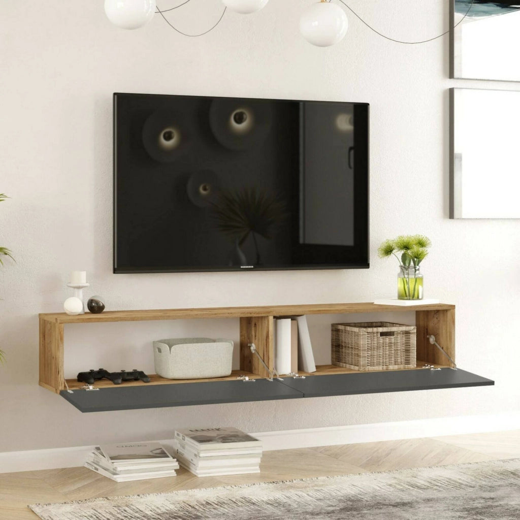 Mobile porta TV Pavone, Credenza da soggiorno, Armadio basso per TV, Base parete attrezzata, 180x32h30 cm, Quercia e Antracite