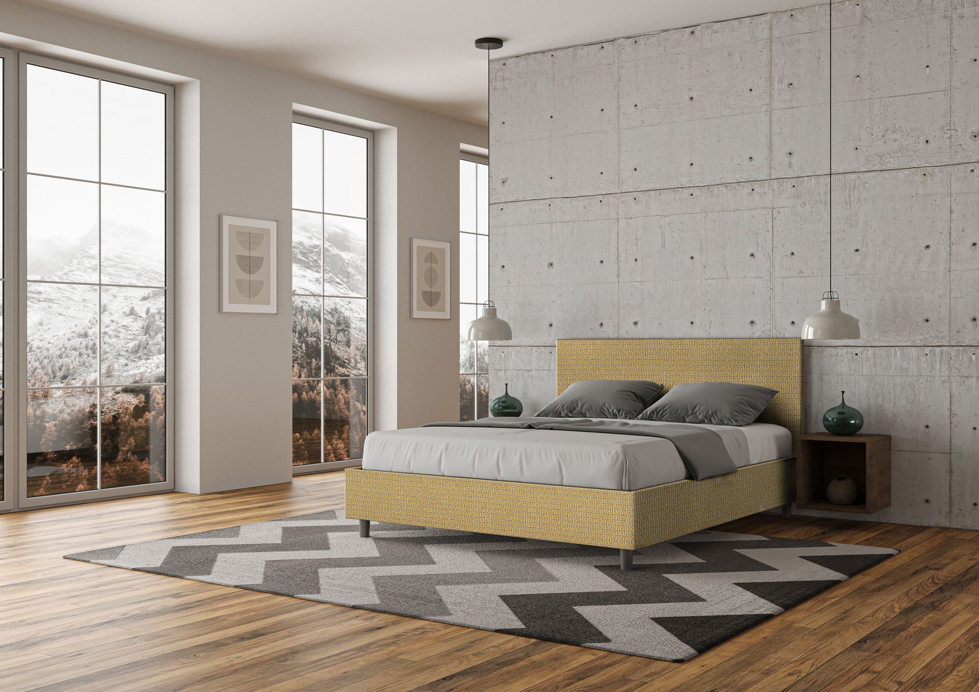 Letto Matrimoniale 160x210 cm con Rete e Contenitore Adele Labirinto 06 Giallo