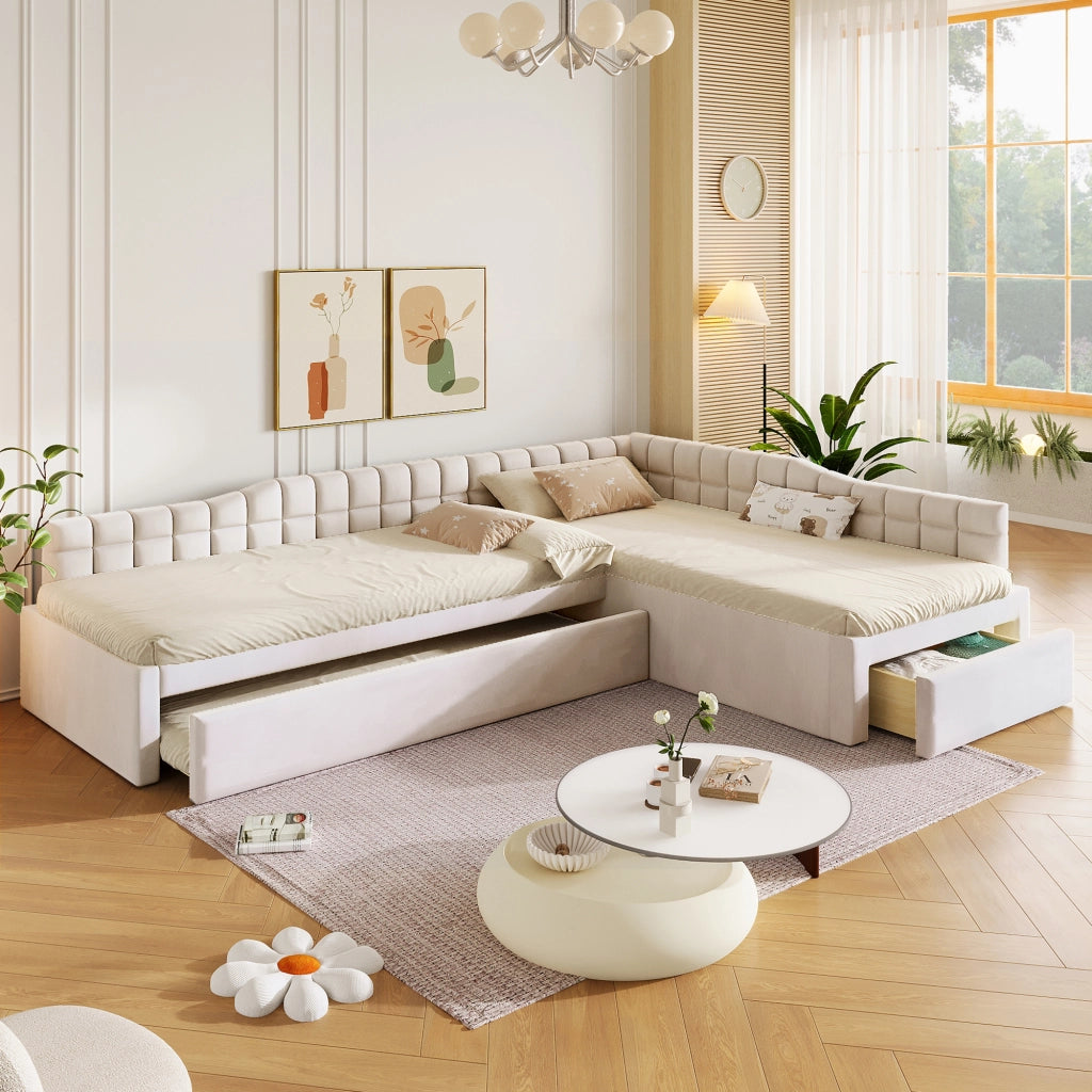 Letto imbottito angolare 90x200 cm con letto estraibile e cassetti beige